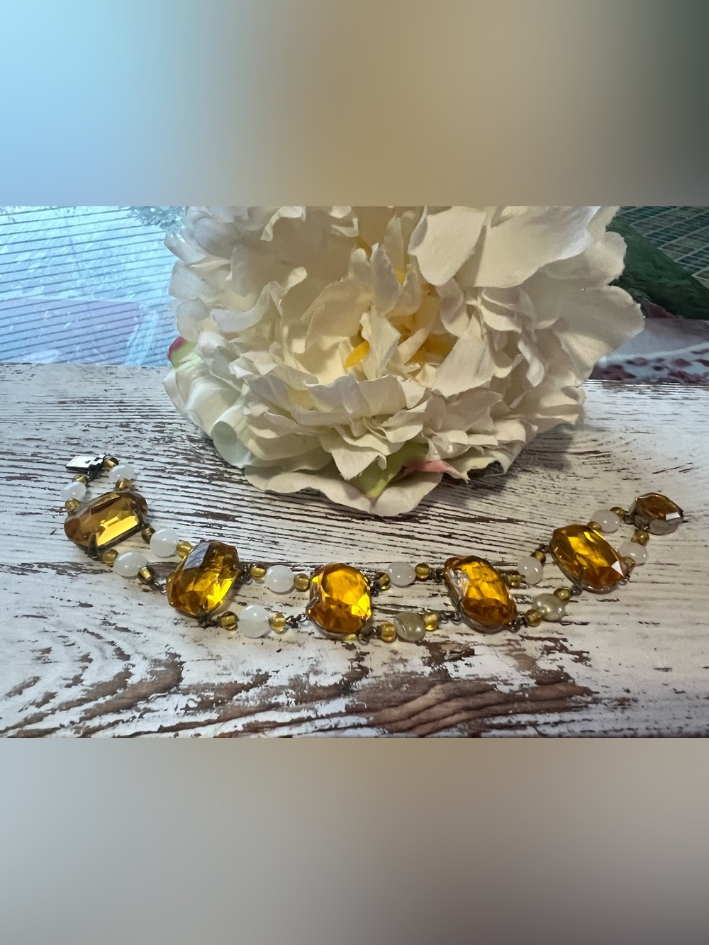 Authentic Czech Citrine Crystal, Faux Pearls Bracelet